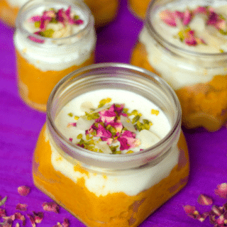 Carrot halwa, dulce de leche and phirni layered in a jar