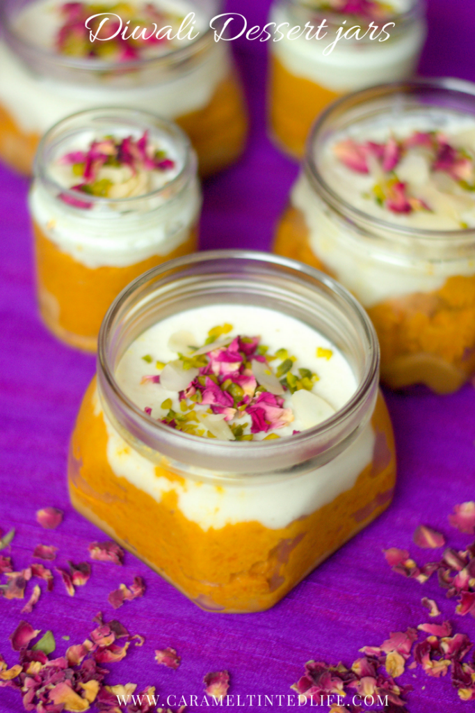 Carrot halwa, dulce de leche and phirni layered in a jar