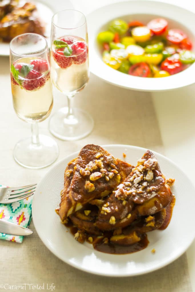Baileys french toast served with mimosa
