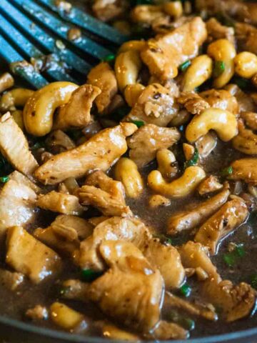 chicken and cashews cooked in brown sauce