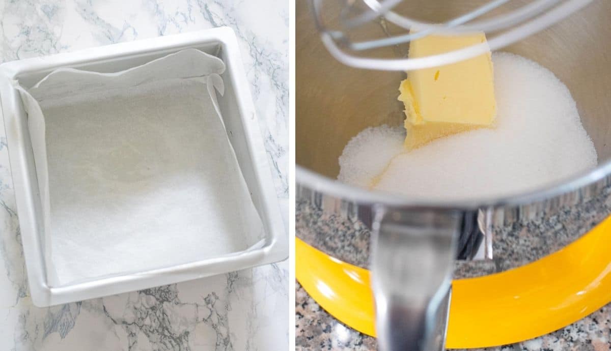 Collage of images showing a lined cake pan and butter and sugar in a stand mixer 