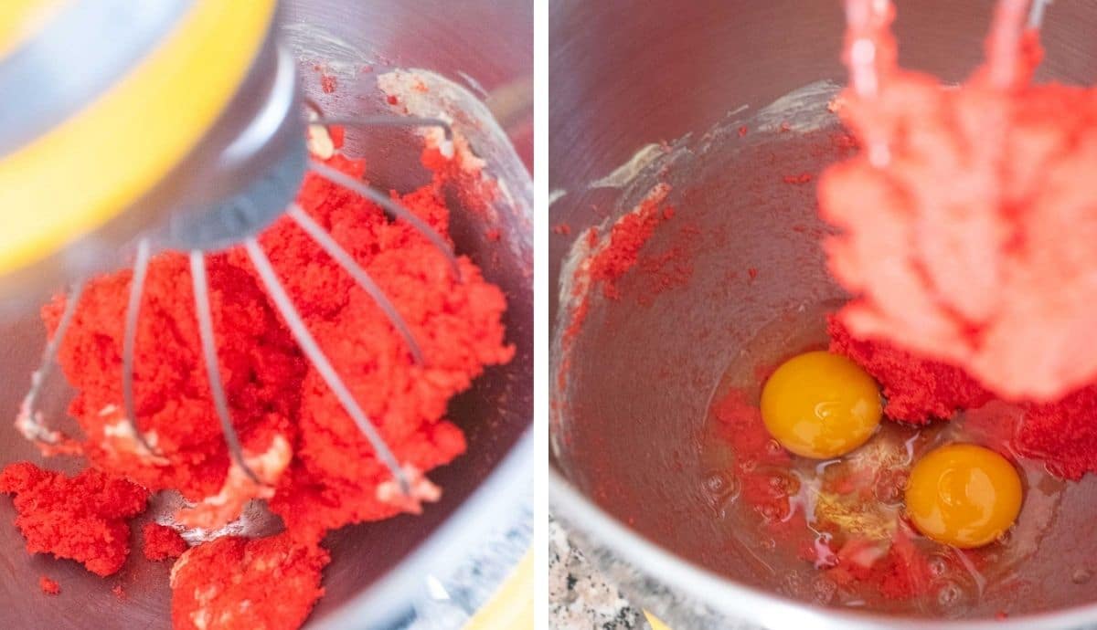 Collage of images showing red batter and eggs in a stand mixer