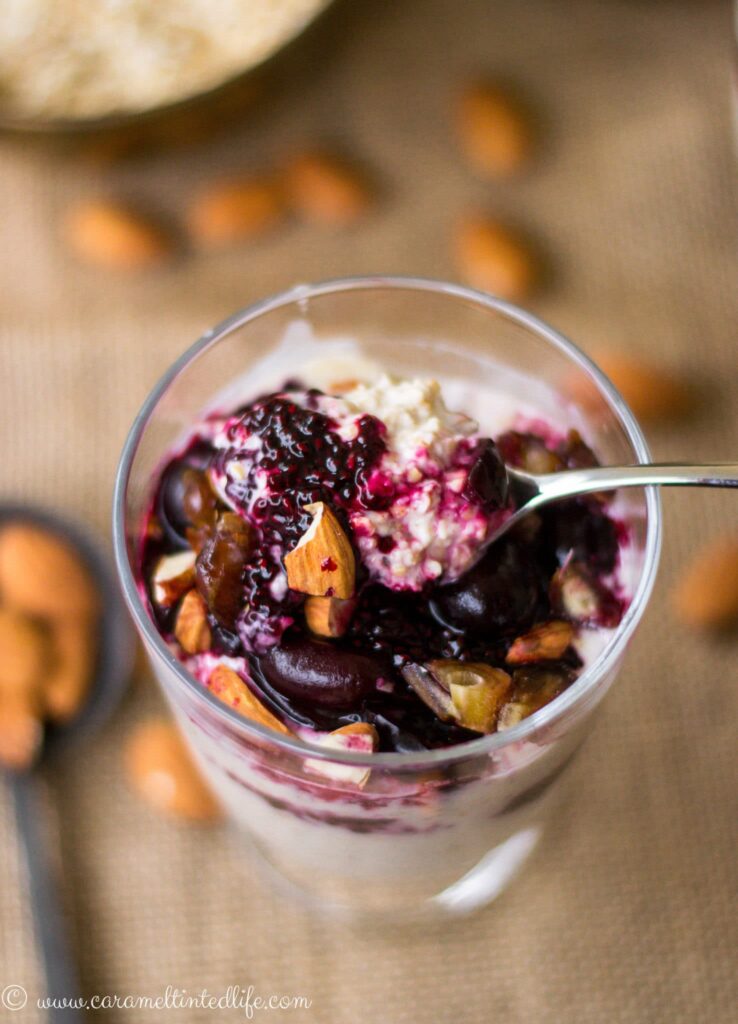 Chia jam with overnight oats in a glass