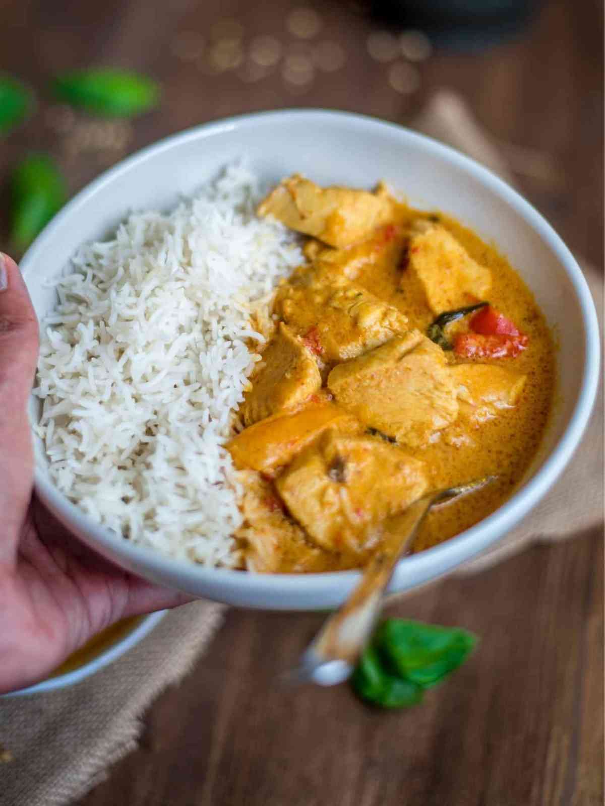 A bowl of Thai chicken curry and rice held in the hand 