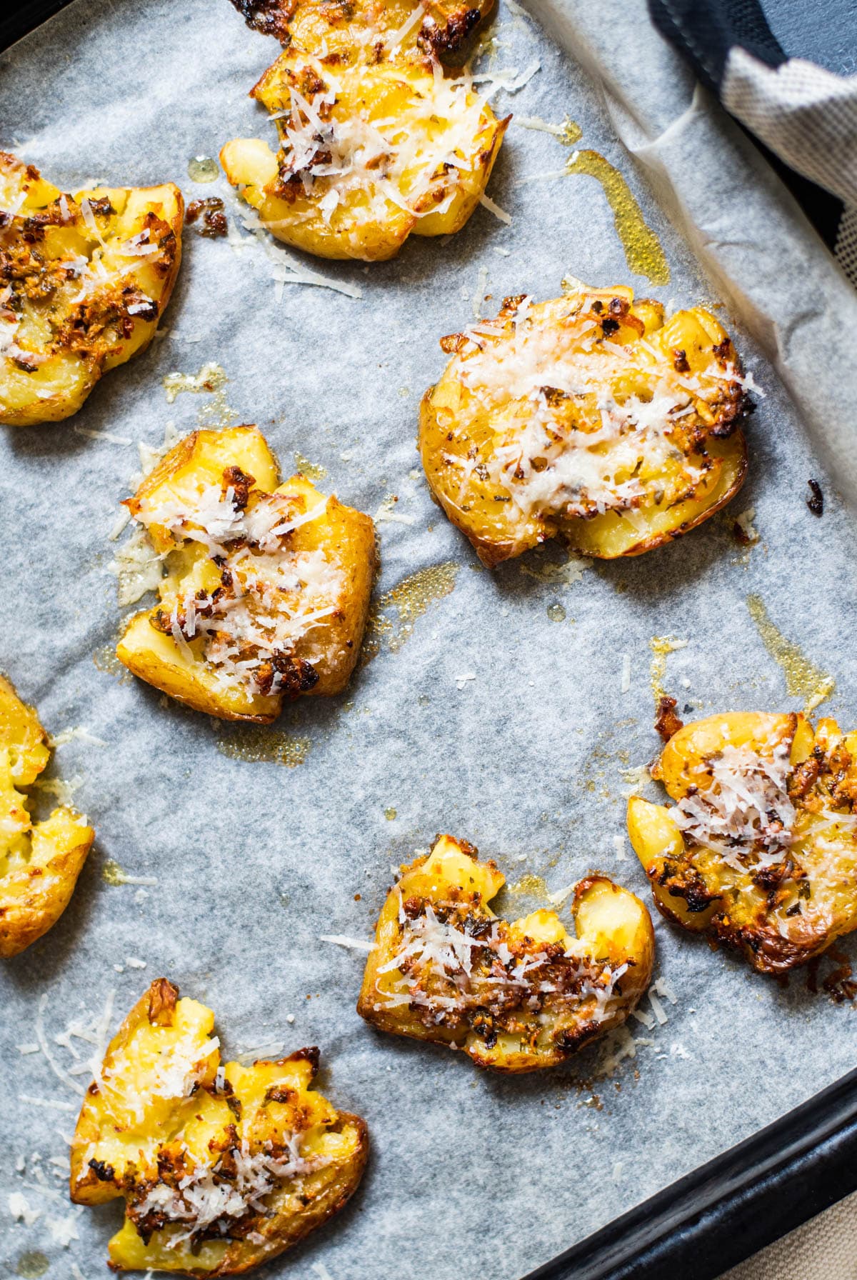 Baked smashed potatoes out of the oven 