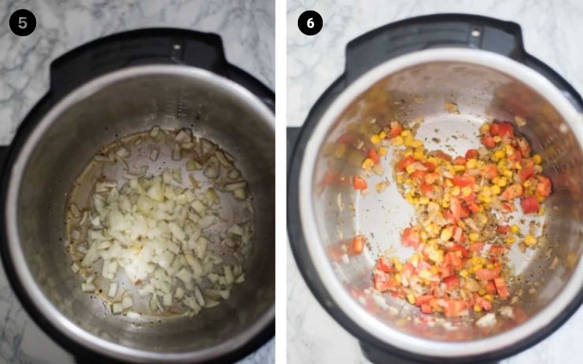 Steps for cooking chicken and rice in an Instant Pot
