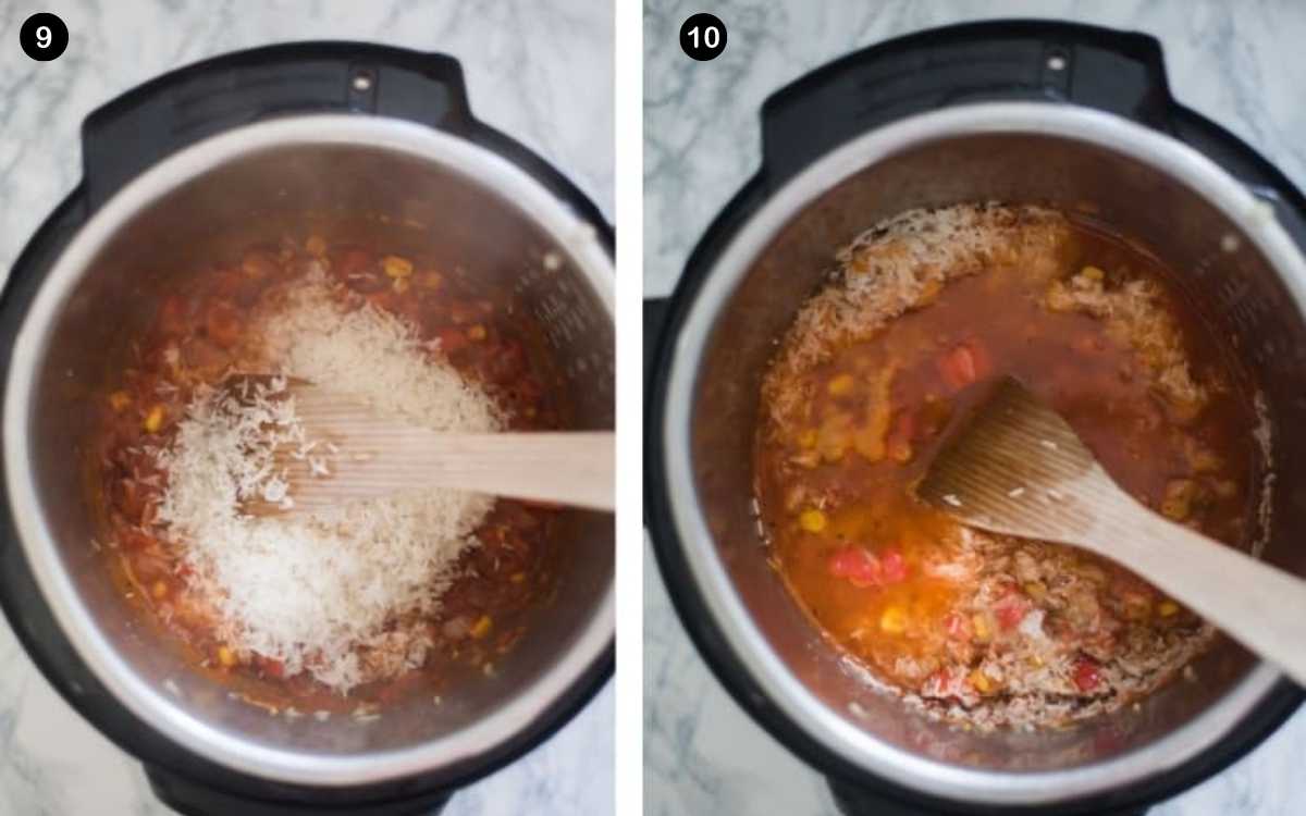 Steps for cooking chicken and rice in an Instant Pot