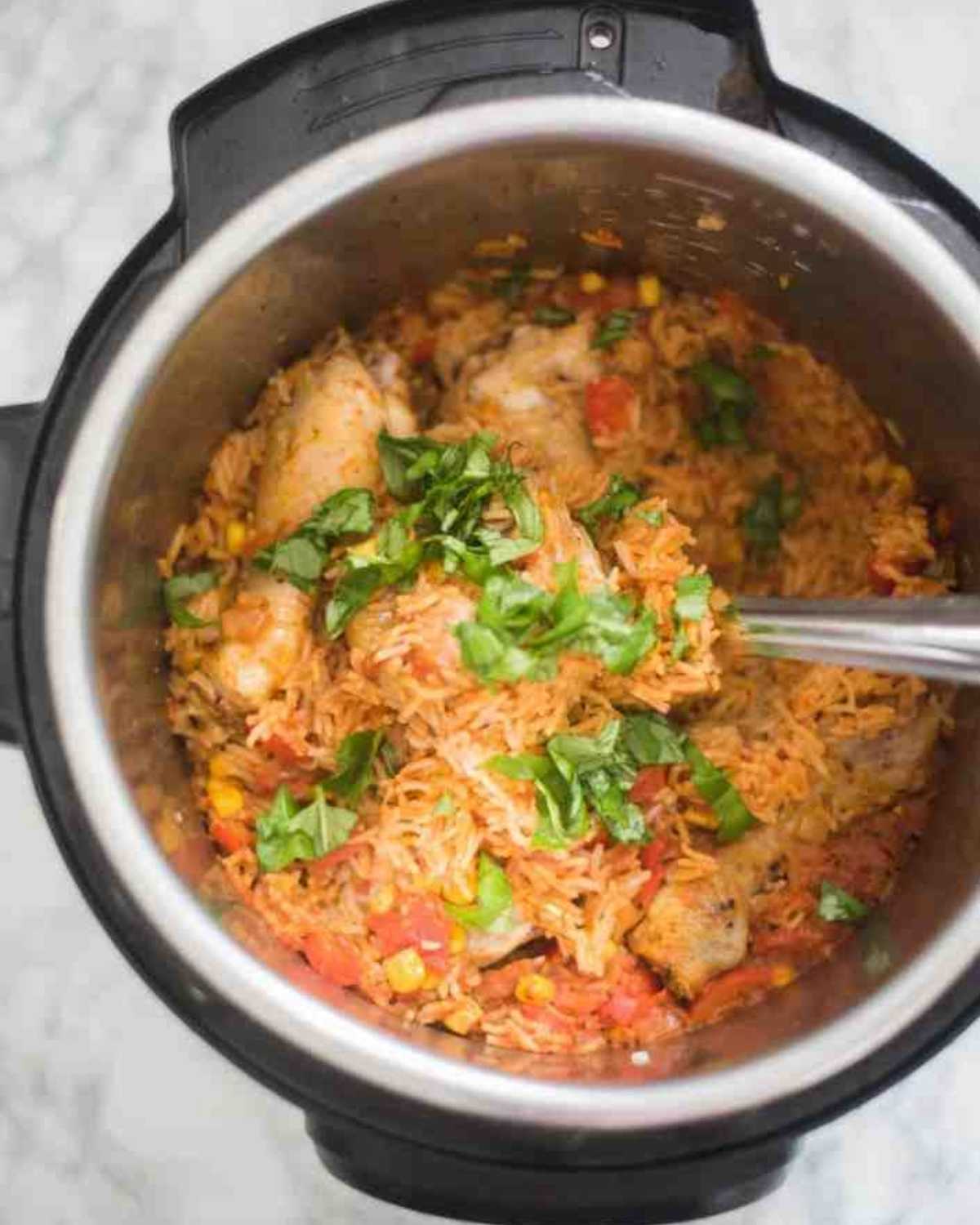 Cooked chicken and rice in an Instant Pot 