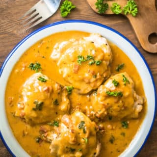 Instant Pot Honey Mustard Chicken garnished with parsley, in a deliciously luscious sauce!