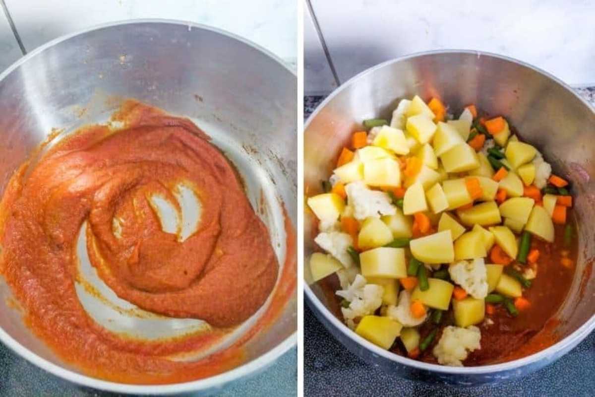 Collage of images showing veggies added to a tomato paste