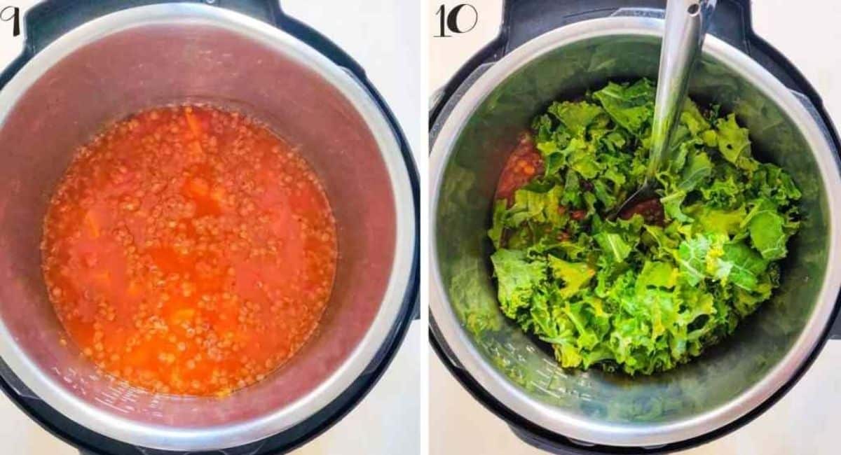 Adding kale to the completed Instant Pot lentil soup 