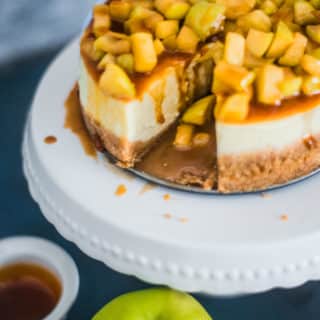 Caramel Apple Cheesecake on a cakestand