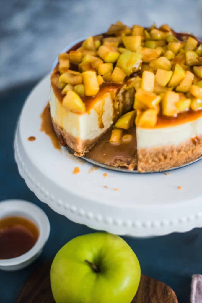 Caramel Apple Cheesecake on a cakestand