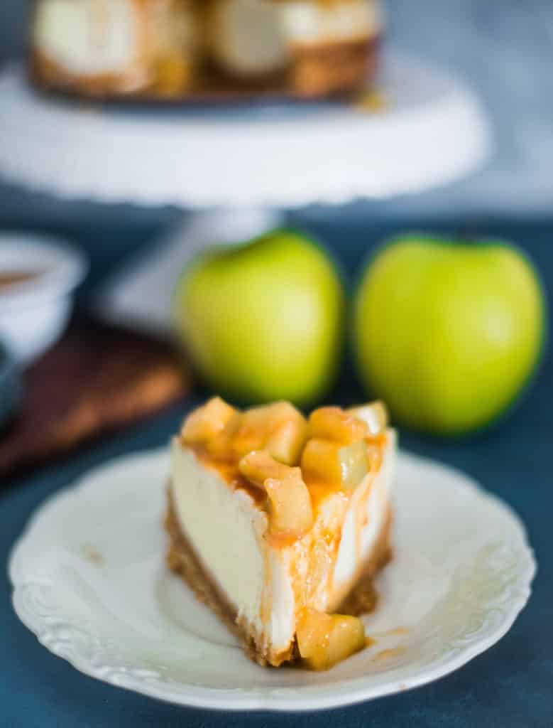 Caramel Apple Cheesecake slice on a plate