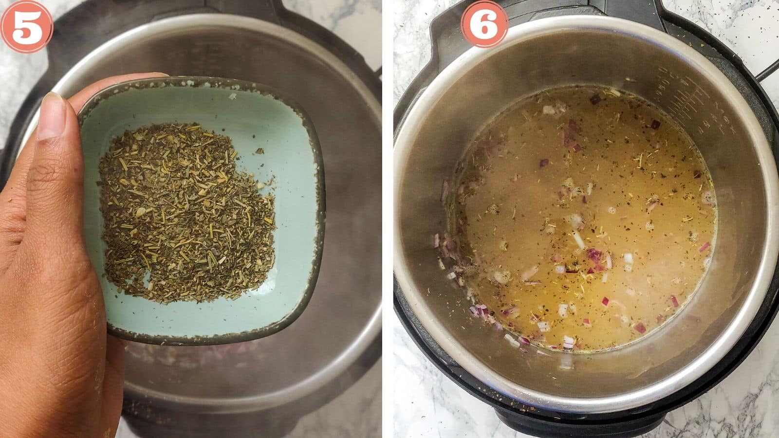 Adding dried herbs and stock to the Instant Pot  