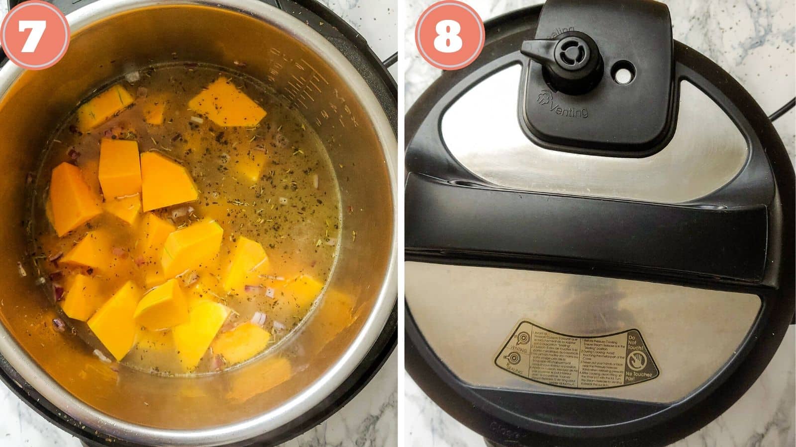 Adding cubes of butternut squash to the Instant Pot
