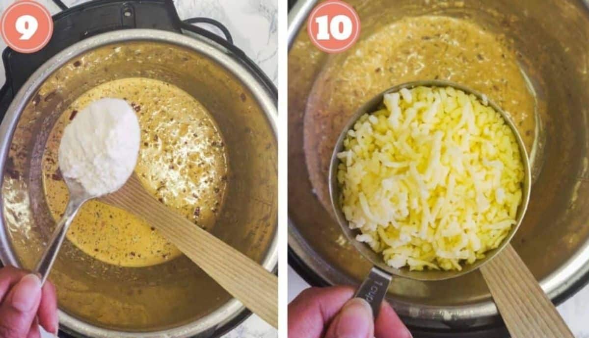 Adding flour and Gruyeres cheese to the sauce in the Instant Pot 