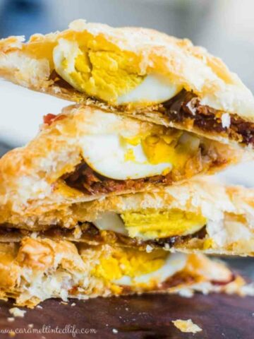 Sliced egg puffs, stacked on top of each other