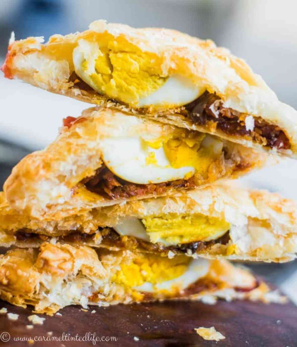 Sliced egg puffs, stacked on top of each other