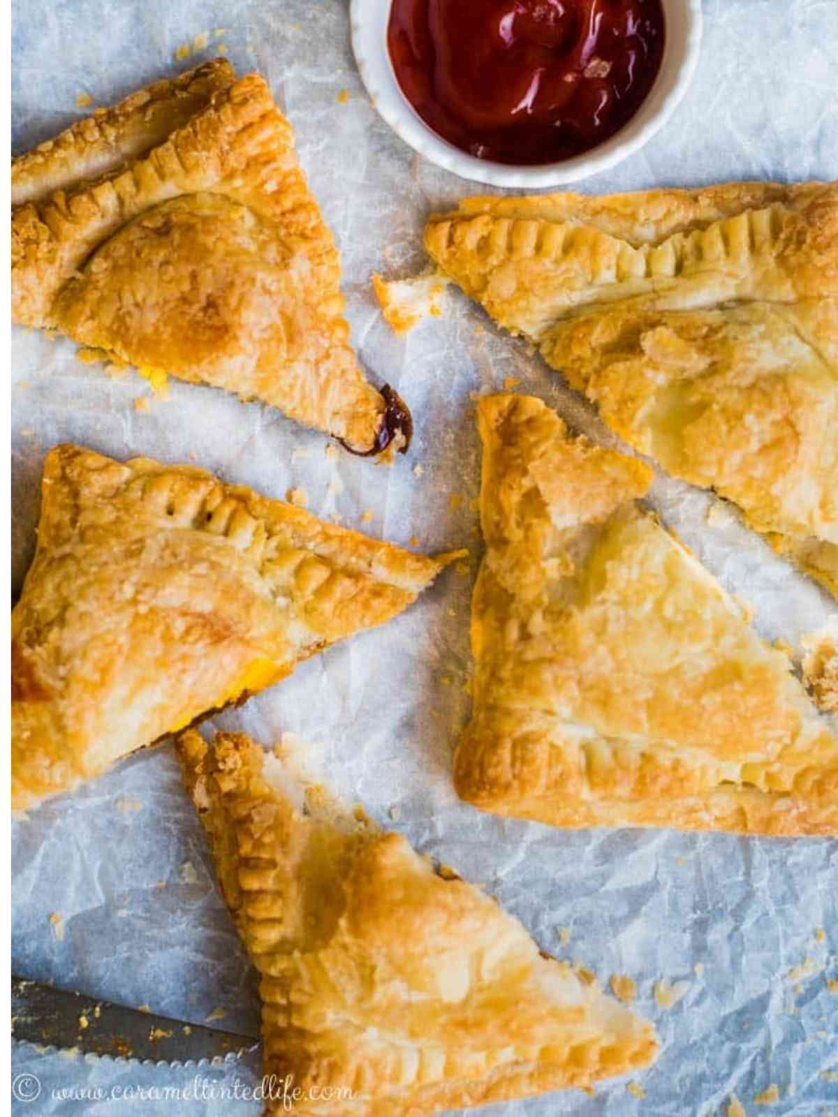 Sliced egg puffs with ketchup