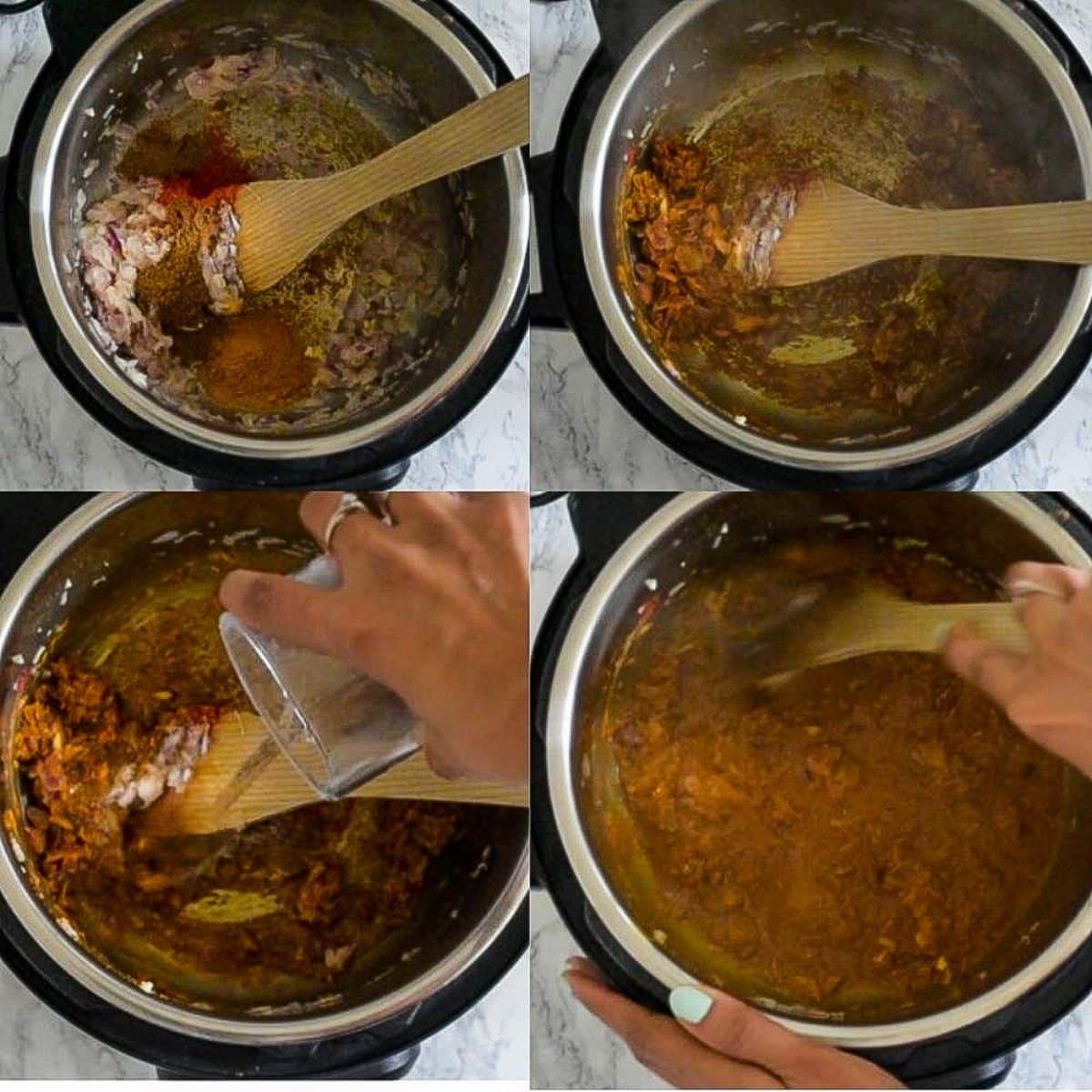 Adding spices and water to the sauce in the Instant Pot 