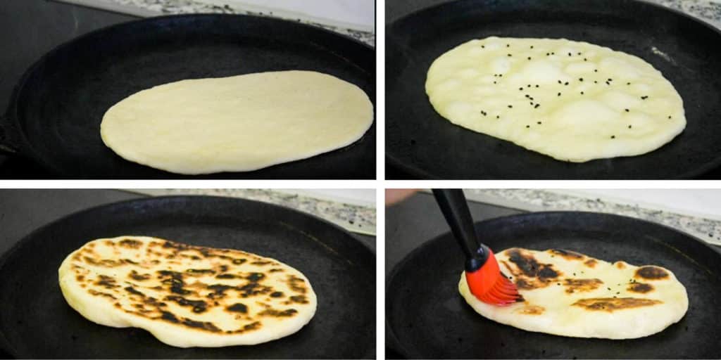 steps for cooking naan on a cast iron pan 