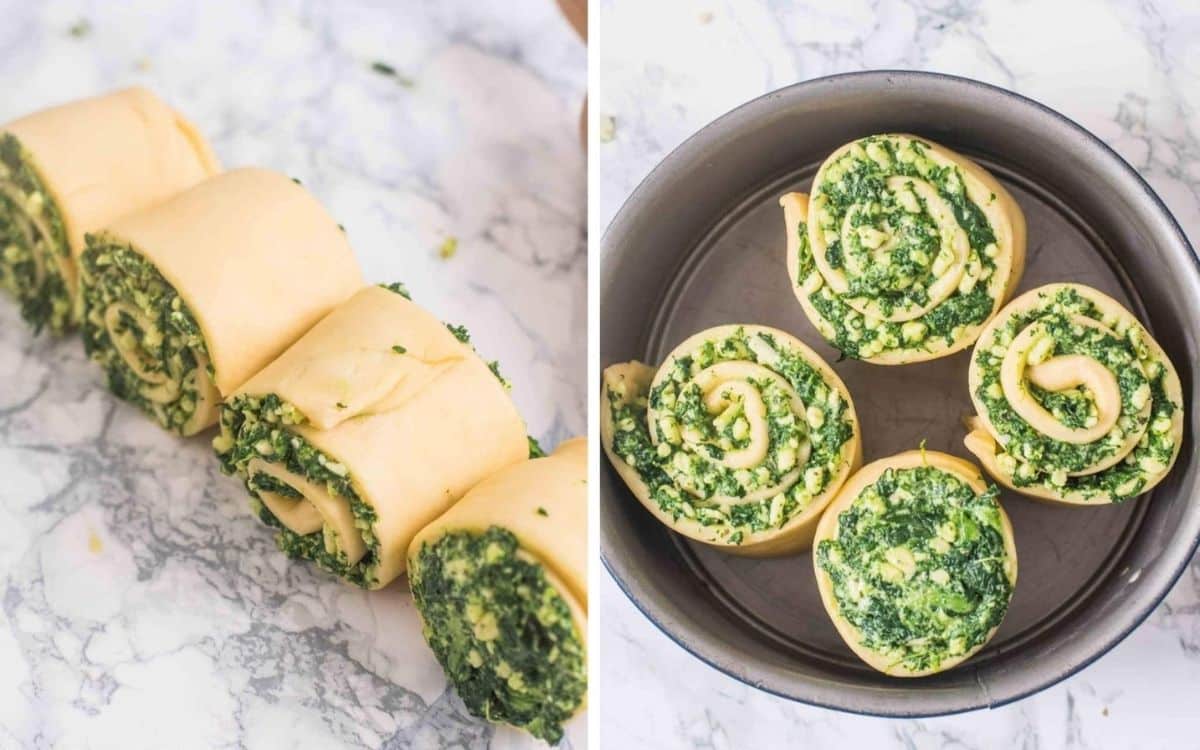 Rolled up bread dough with spinach and cheese filling