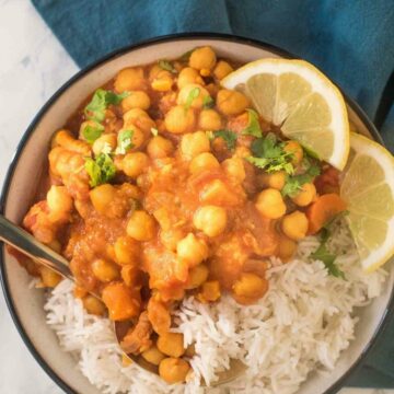 Chickpea stew in a bowl with rice