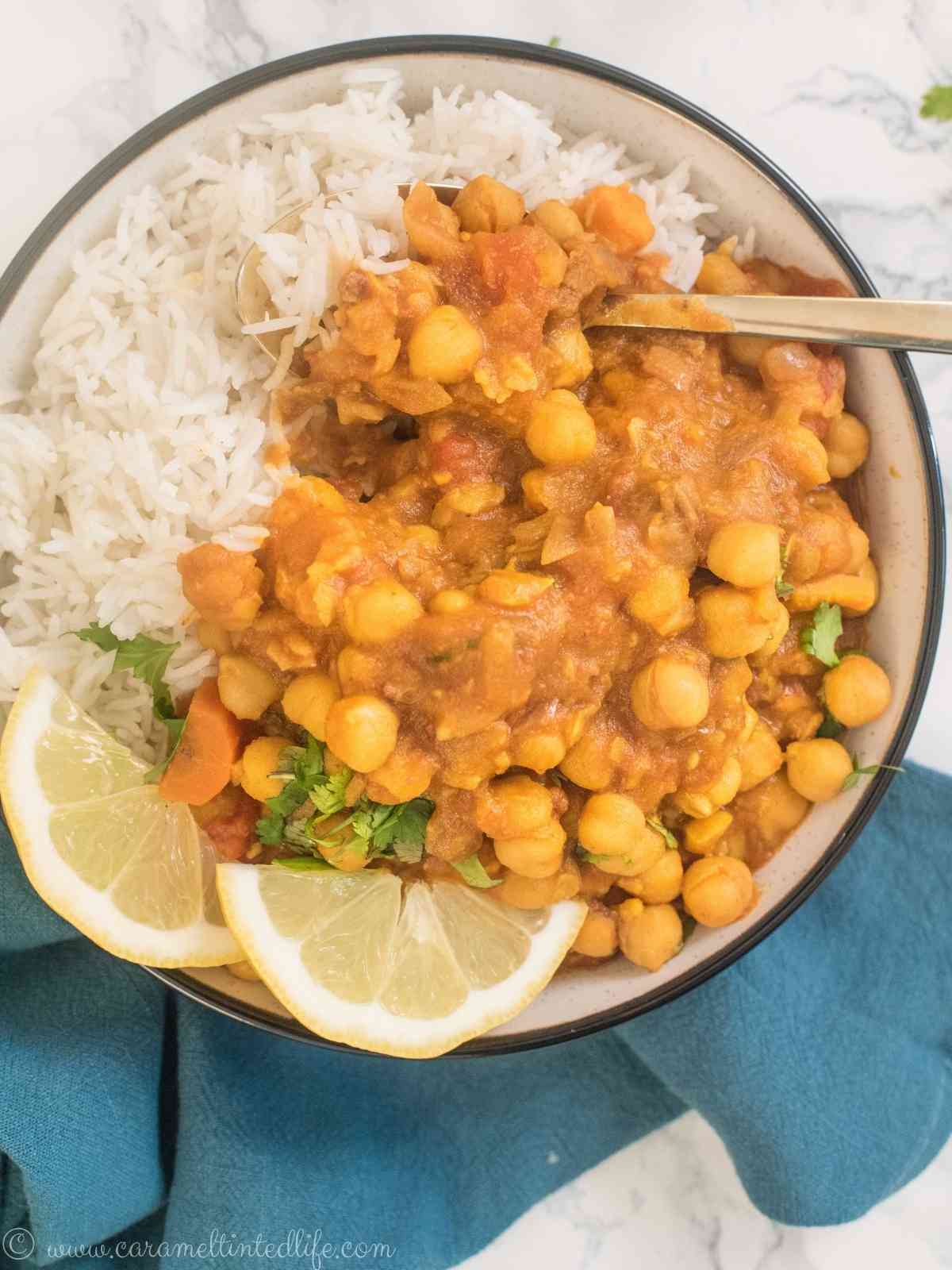 Chickpea tagine in a bowl with rice