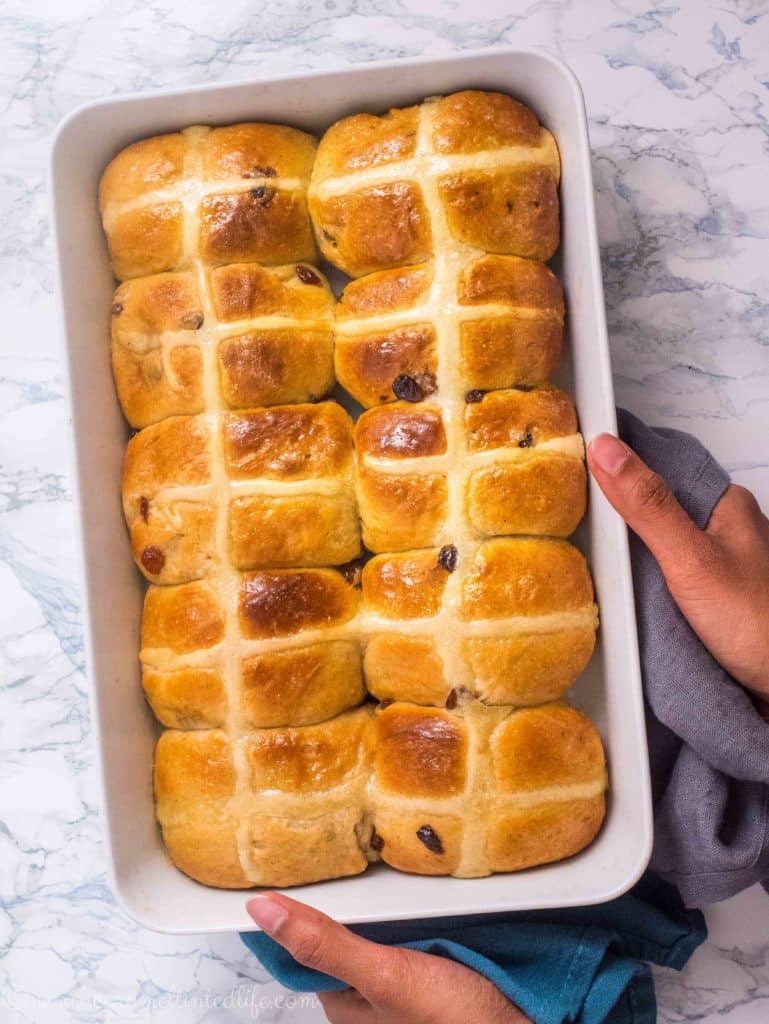 Hot cross buns in a baking tray