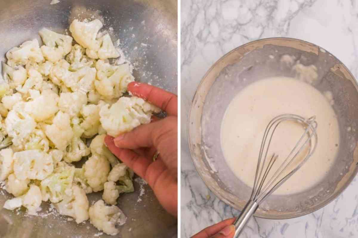 Cauliflower being added to the batter for sweet and sour cauliflower