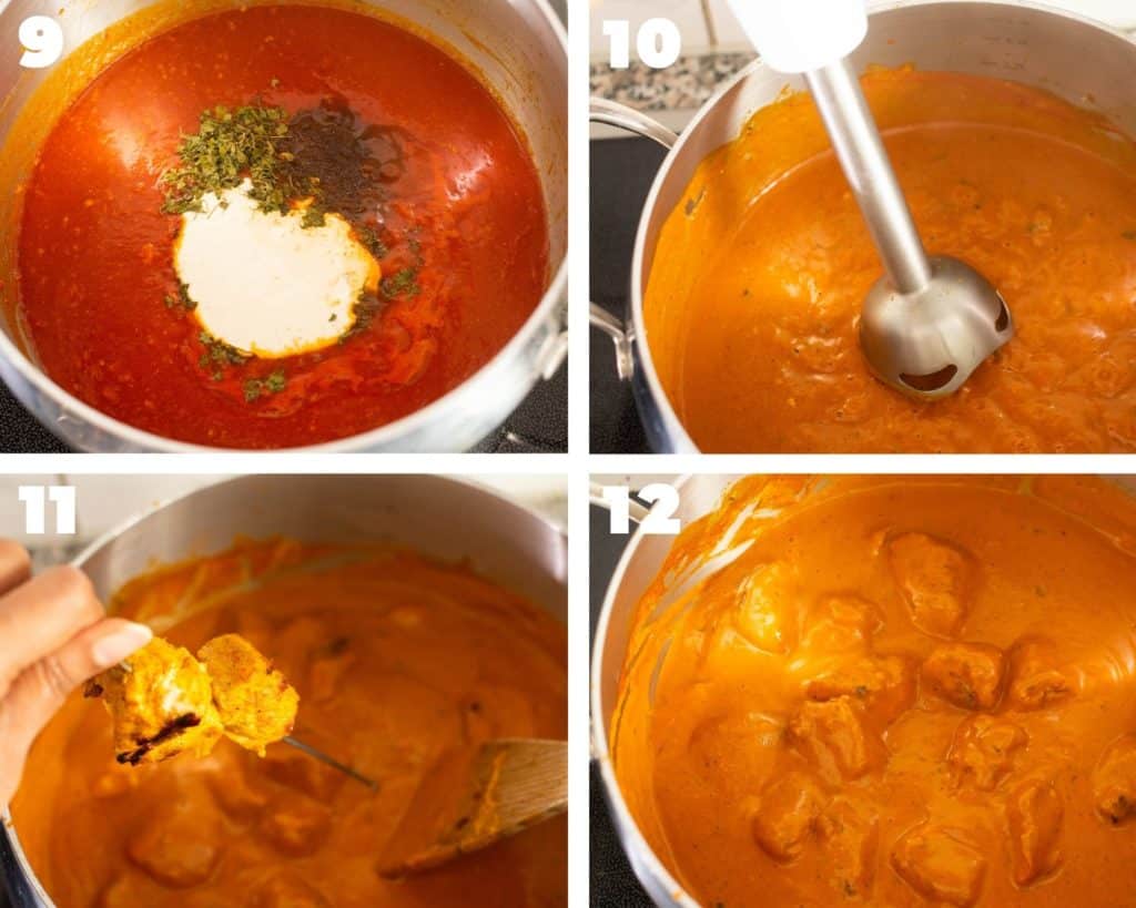 adding grilled chicken to butter chicken sauce