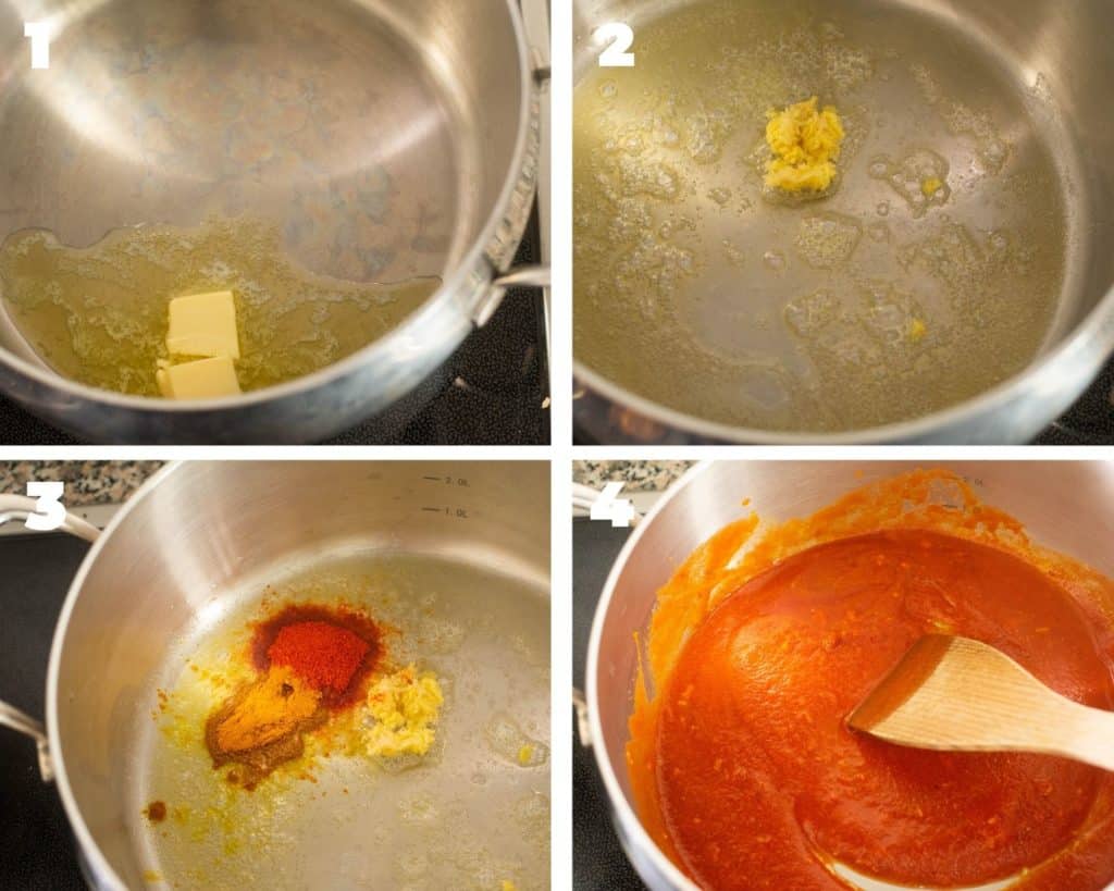 Making the butter chicken sauce on the stovetop
