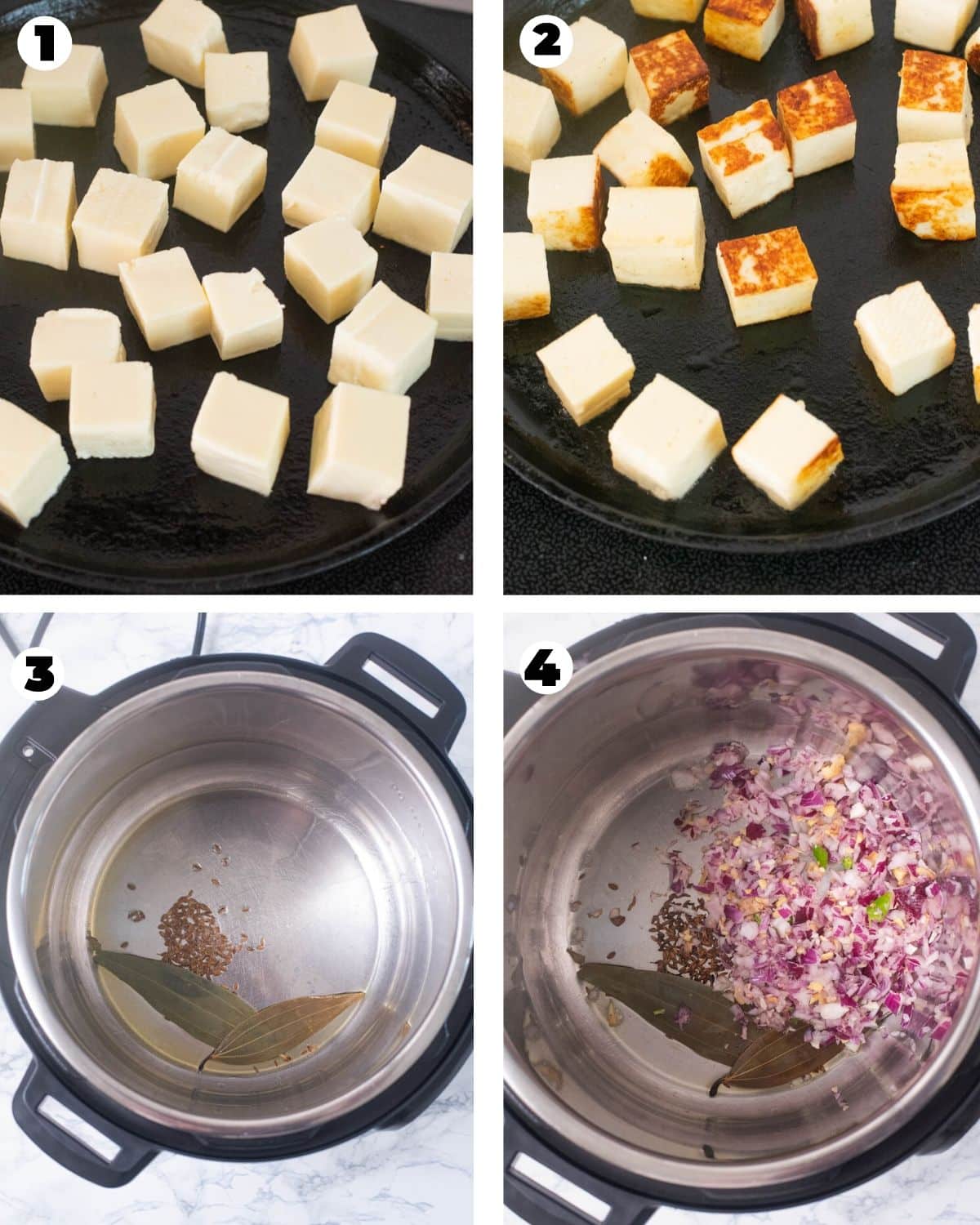 Sauteeing paneer and aromatics for Instant Pot Saag Paneer