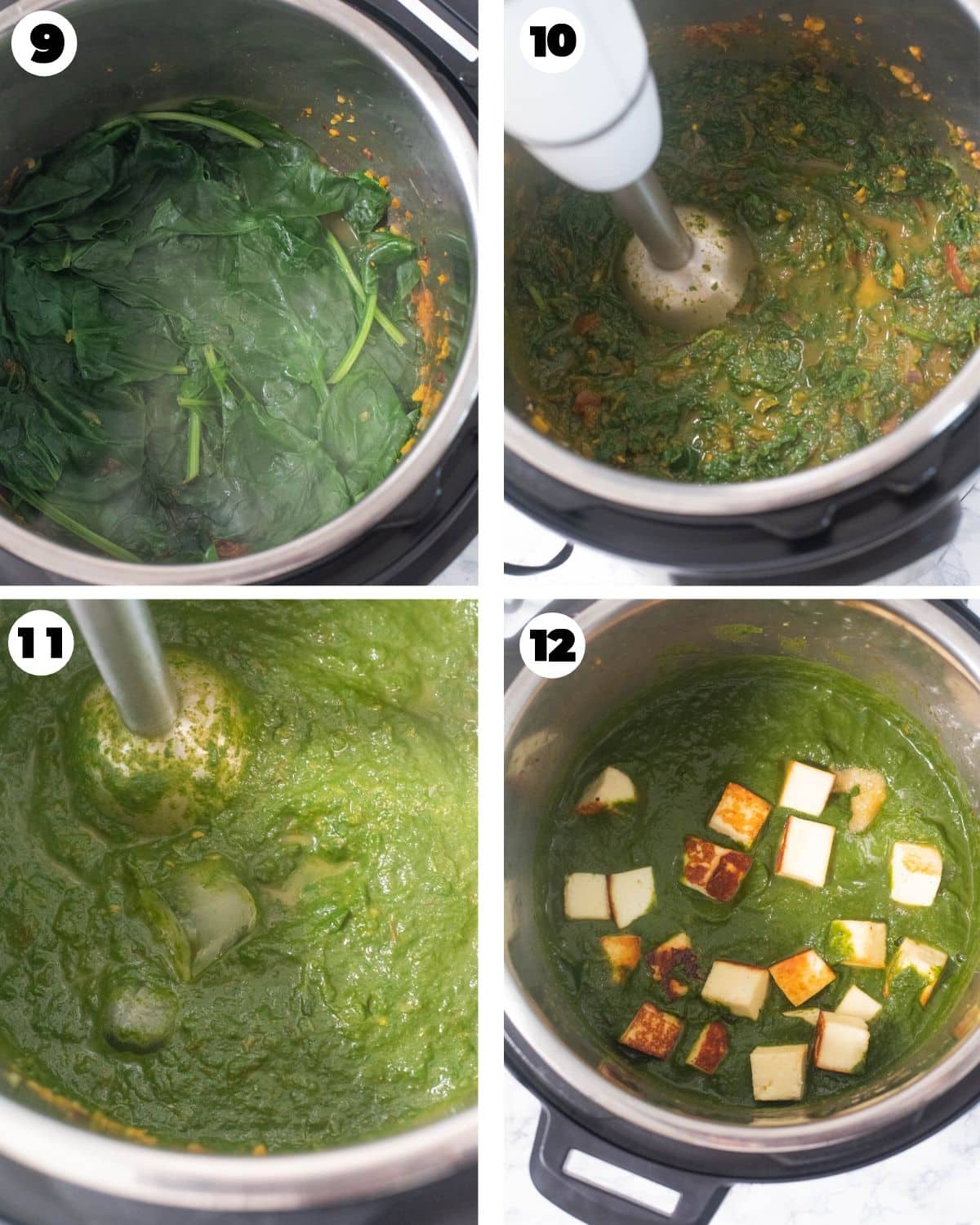 Blending cooked spinach in a sauce for saag paneer