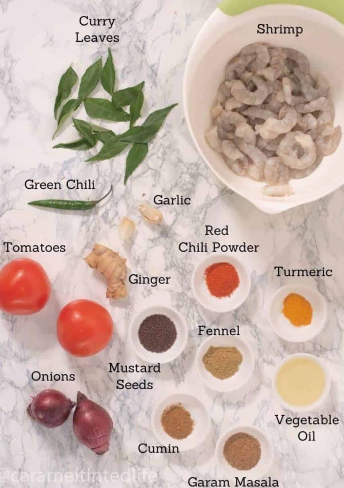 Ingredients used to make shrimp masala