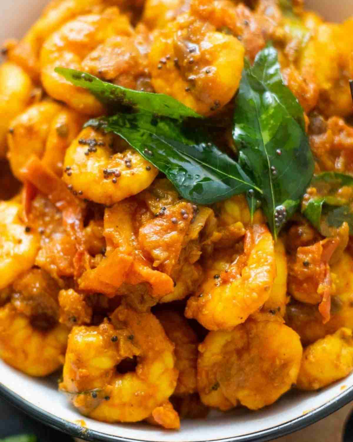 Close-up of shrimp masala in a bowl