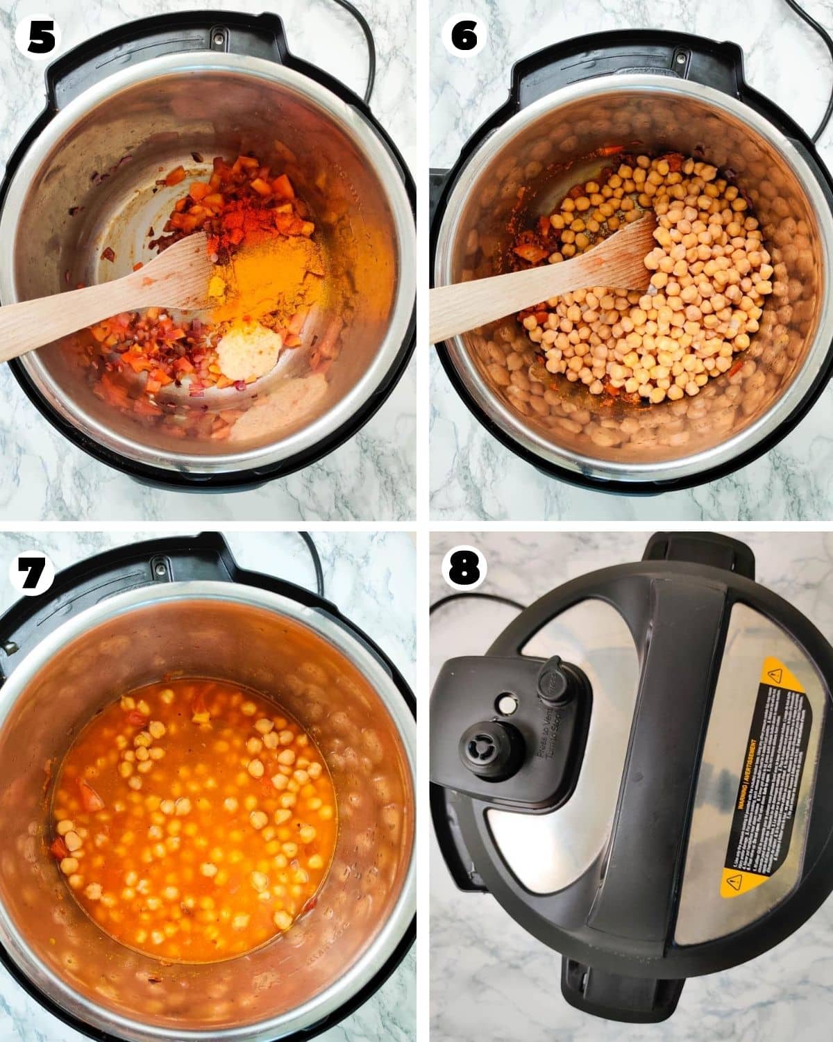 Add spices, ginger garlic past, chickpeas and water to pressure cook in the Instant Pot