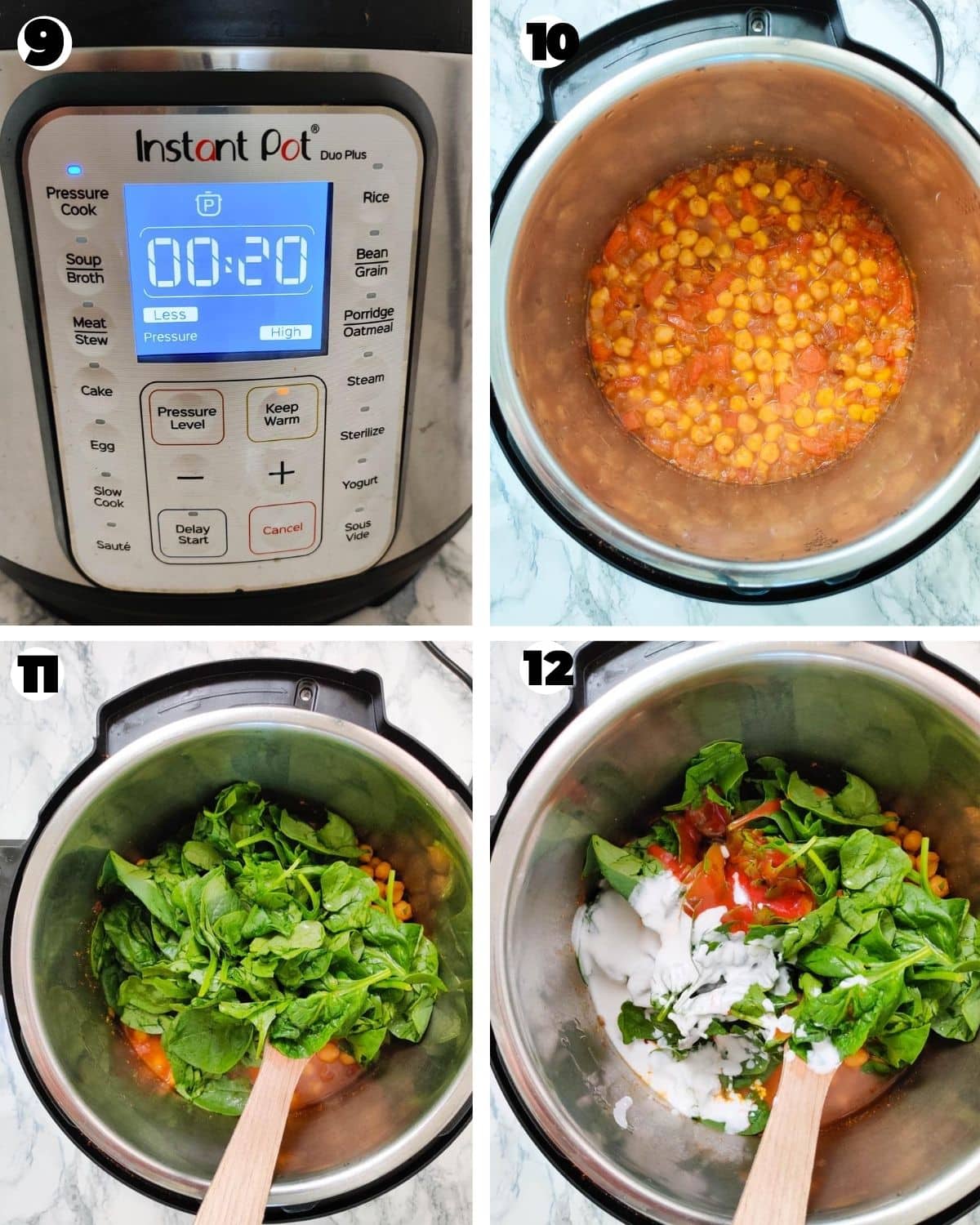 Adding spinach, coconut milk and pomato puree to cooked chickpeas in the Instant Pot