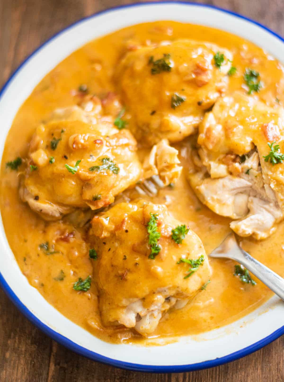 Chicken in honey-mustard sauce on a plate with a fork