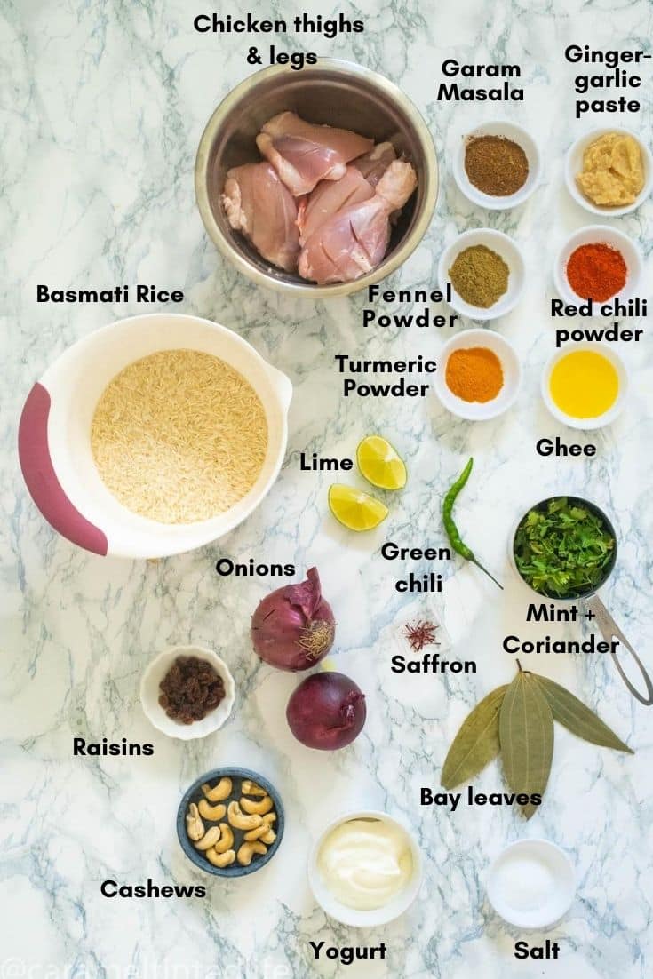 Ingredients used to make chicken biryani in the Instant Pot
