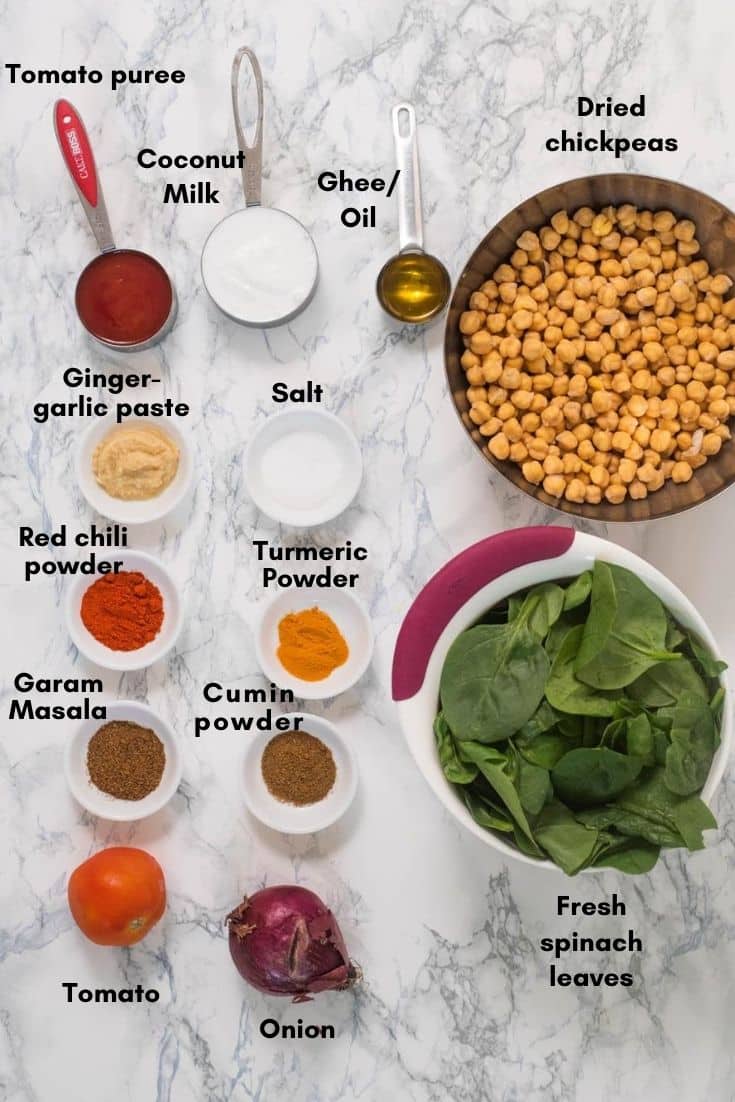 All ingredients used to make chickpea coconut curry