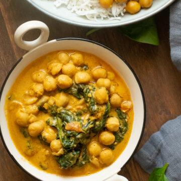 Chickpea coconut curry served in a small bowl