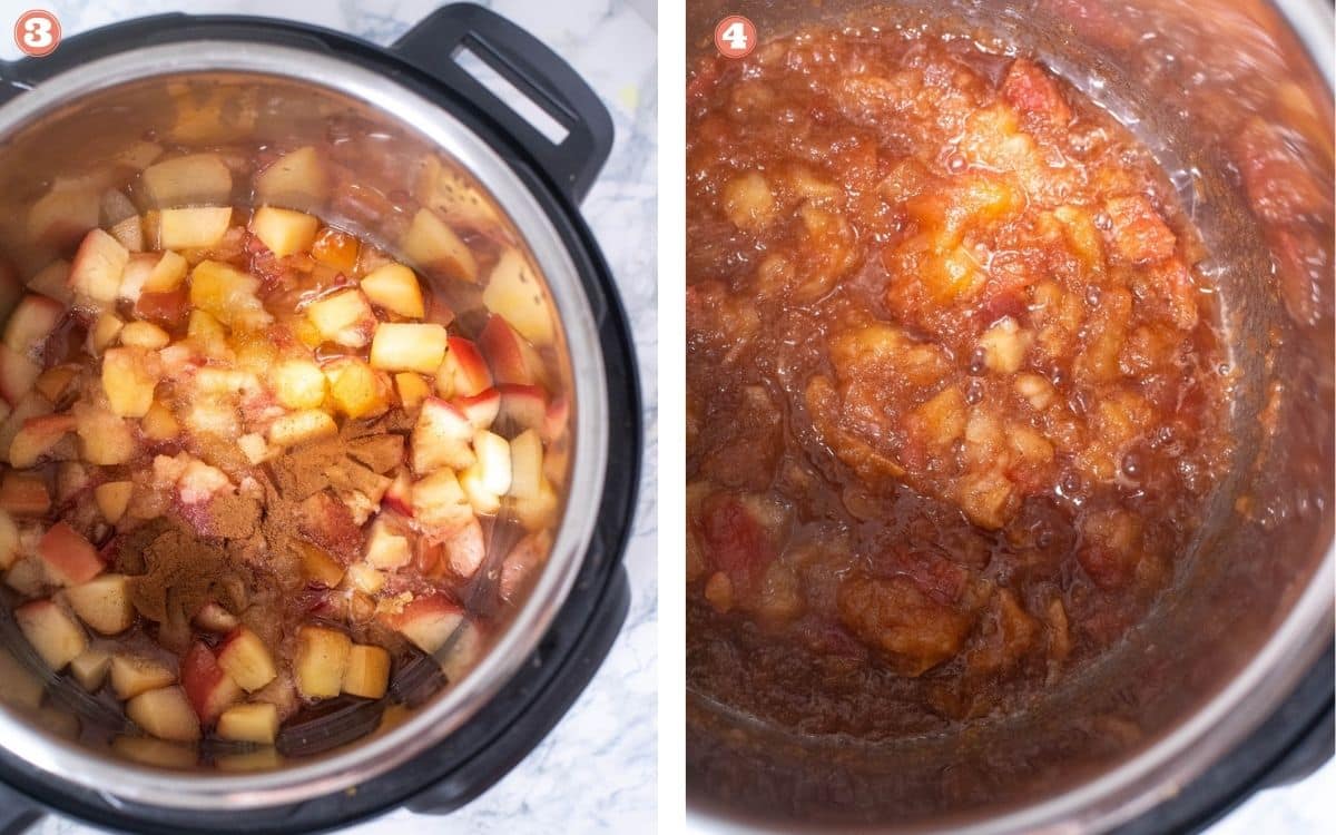 Pressure cooked apples are further cooked with cinnamon powder in the Instant Pot