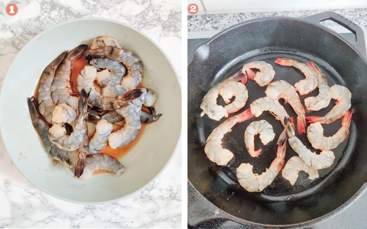 Marinate prawns and cook on cast iron skillet