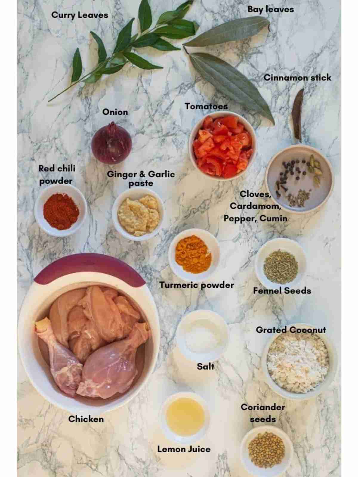 A list of ingredients used to make chettinad chicken curry