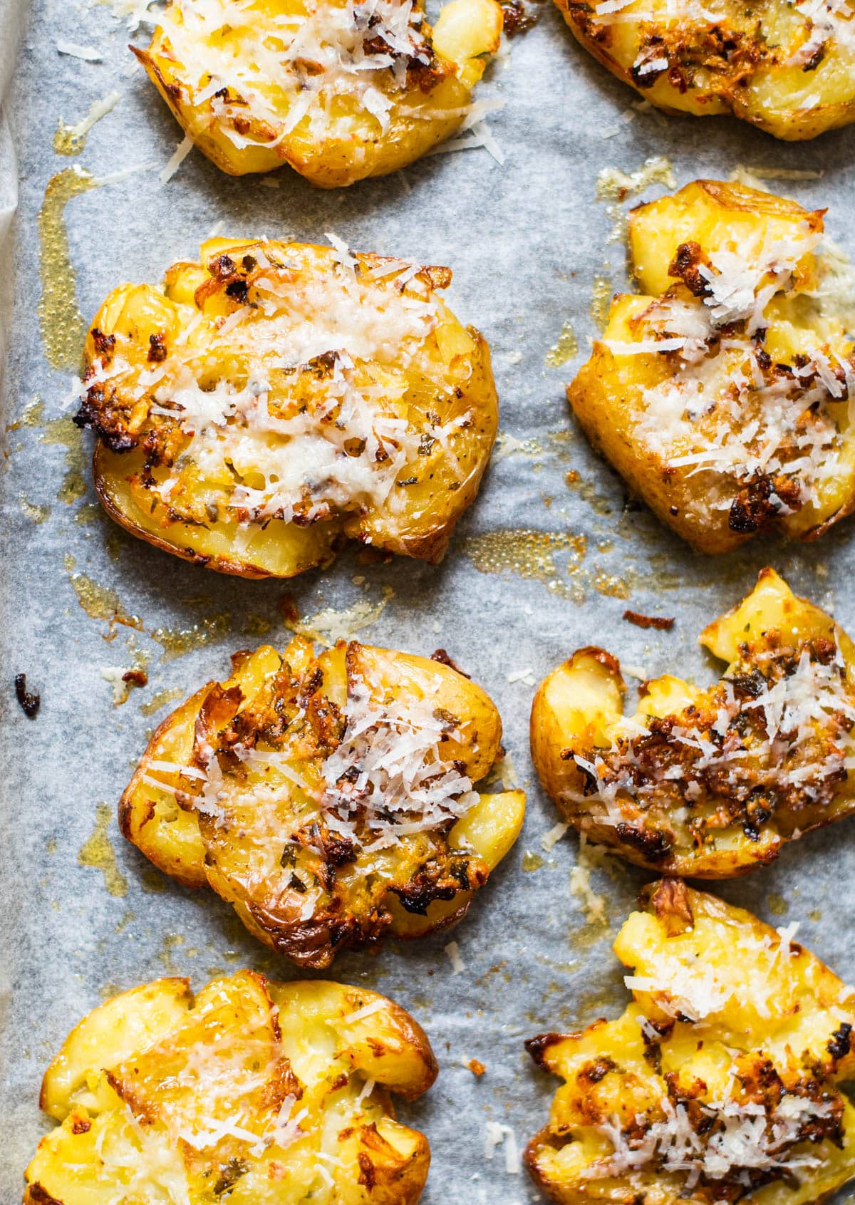 Close-up of smashed herb garlic potatoes 