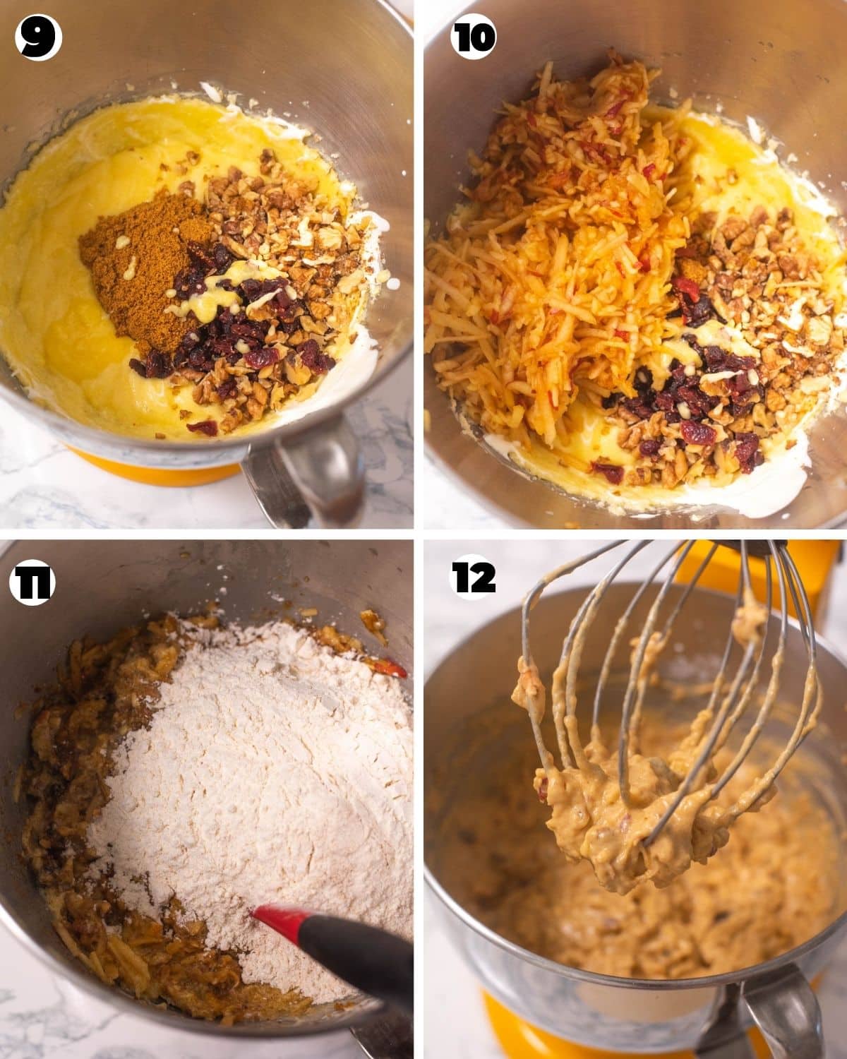 Collage that shows adding of fruits, nuts and dry ingredients to the batter