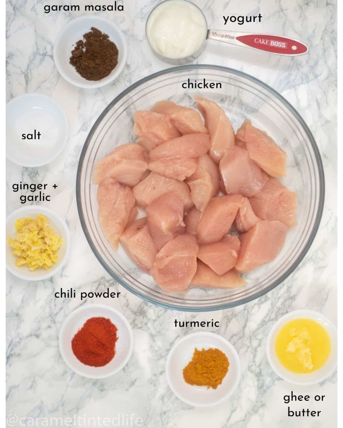 All the ingredients required for marinating chicken for butter chicken