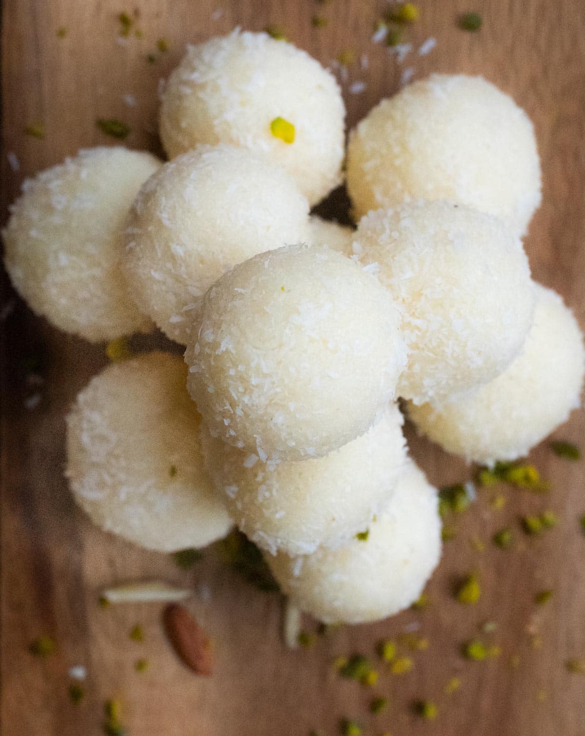 Close-up of a stack of coconut ladoos viewed from the top